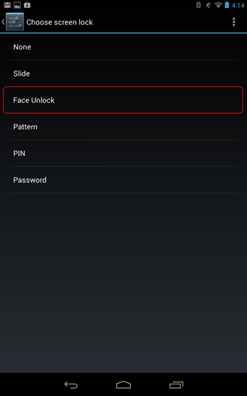 Nexus 7 Security Settings, Face Unlock